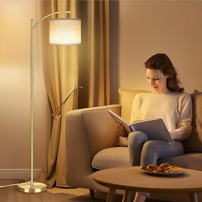 Dimmable Floor Lamp, Arc Floor Lamps for Living Room, Stepless Dimming Modern Standing Lamp with Linen Shade, Tall Lamp for Bedroom Office Dining Room- Brushed Gold