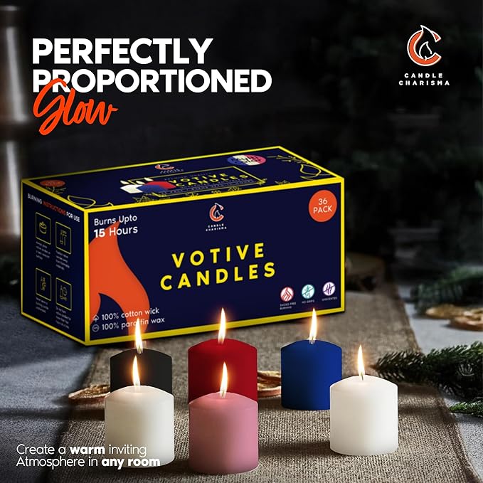 Candle Charisma Multicolor Unscented Votive Candles - 10 Hour Burn time - Set of 72 for Dinner, Wedding, Halloween and Holiday Decorations