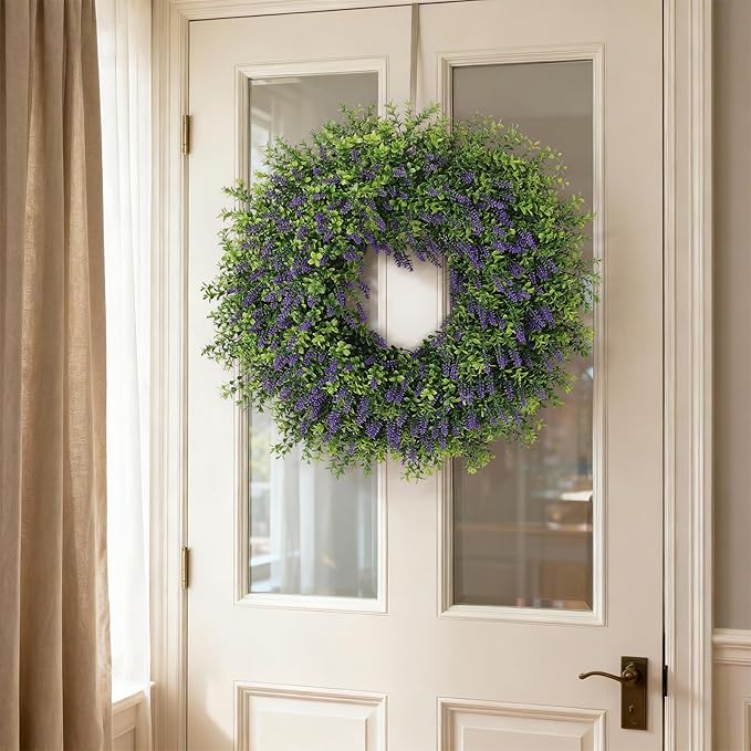26" Artificial Lavender & Boxwood Wreath for Front Door - Large Faux Purple Greenery Outdoor Wreath for Home, Farmhouse, Window, Wall Decor | Spring Summer All Seasons
