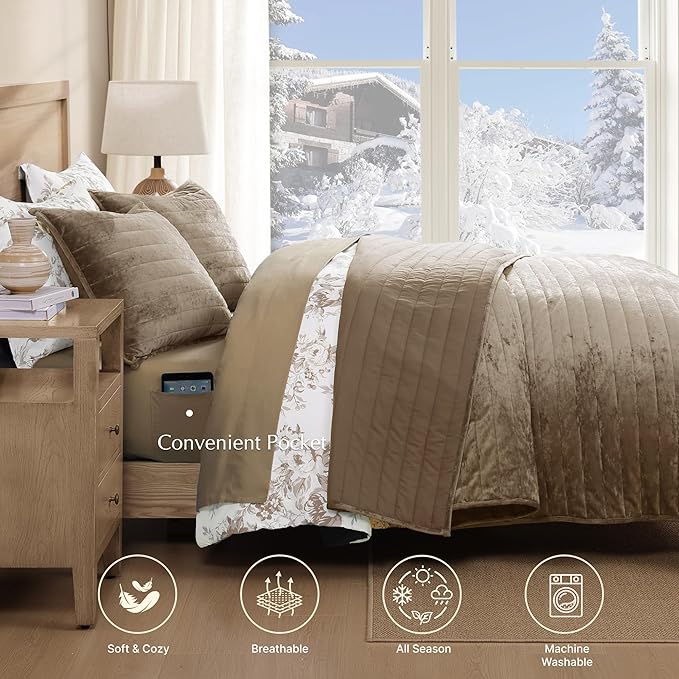 WRENSONGE Velvet Queen Quilt Set-3 Pieces Taupe Oatmeal Luxurious Velvet Striped Channel Comforter with 2 Shams, Soft Bedspread Coverlet Quilted Bedding Set for All Season