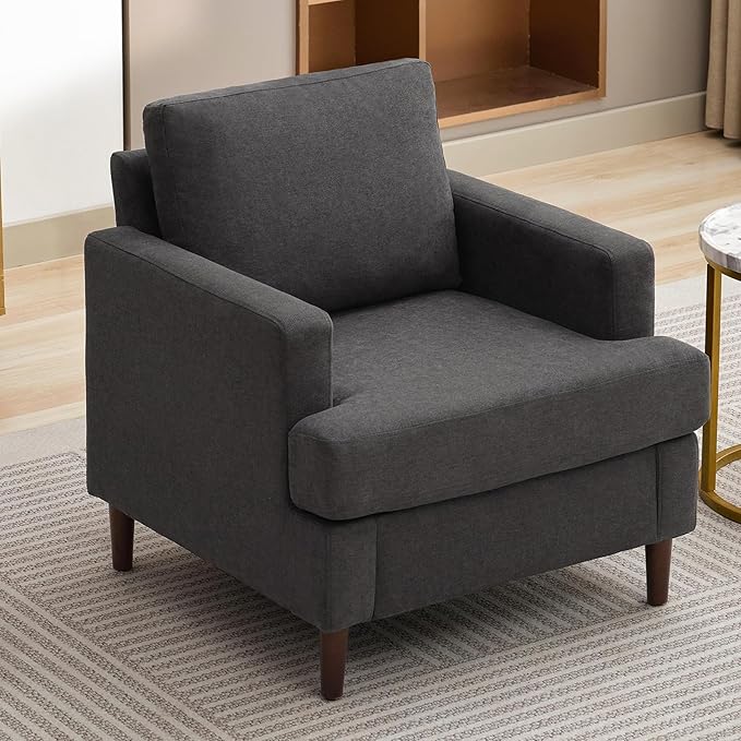 Mid-Century Accent Chair,Modern Linen Fabric Armchair for Living Room,Comfy Upholstered Reading Accent Chairs for Bedroom,Single Sofa Chair with Wood Legs (Dark Grey, 1 Pack)