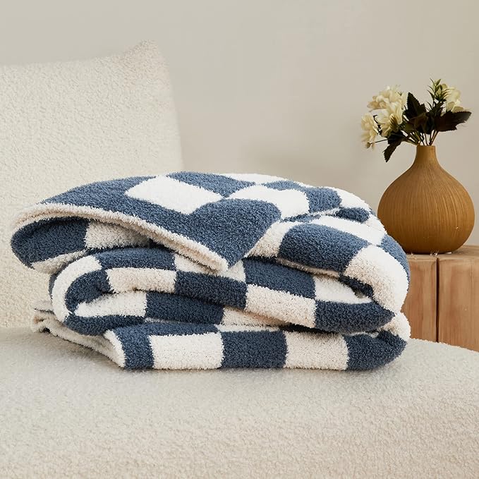 CozeCube Super Soft Fullfy Microfiber Reversible Knitted Blankets, Warm Cozy Fuzzy Plush Throw, Checkered Throw Blanket for Couch Bed Sofa, Dusty Blue and White, 60" x 80"