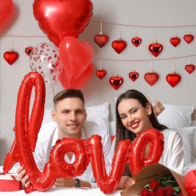 24PCS Heart Shaped Ornaments, Red Heart Shaped Ornaments, Valentines Heart Hanging Ornaments in 2 Sizes, Glossy Heart Baubles for Valentines Wedding Christmas Tree Party Decorations