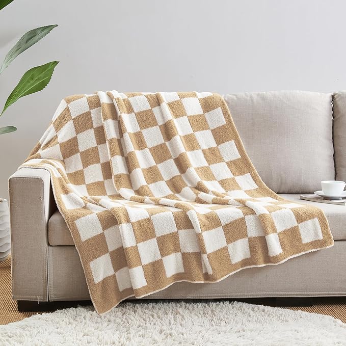 CozeCube Super Soft Fullfy Microfiber Reversible Knitted Blankets, Warm Cozy Fuzzy Plush Throw, Beige and White Checkered Throw Blanket for Couch Bed Sofa, 50" x 60"