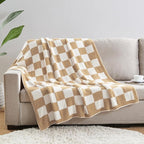CozeCube Super Soft Fullfy Microfiber Reversible Knitted Blankets, Warm Cozy Fuzzy Plush Throw, Beige and White Checkered Throw Blanket for Couch Bed Sofa, 50" x 60"