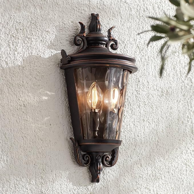 John Timberland Casa Marseille Vintage Outdoor Wall Light Fixture Veranda Bronze 17" Champagne Hammered Glass for Exterior House Porch Patio Outside Deck Garage Yard Front Door Garden Home