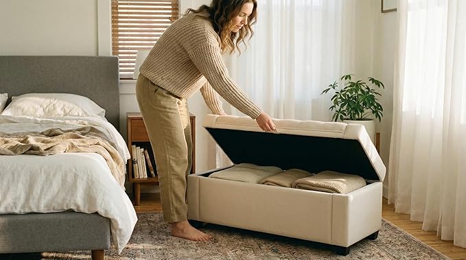 Storage Ottoman Bench for Bedroom & End of Bed Seating, Upholstered Tufted Linen Bench with Hidden Storage & Safety Hinge, 43 Inch, 350 lb Weight Capacity, Linen Beige