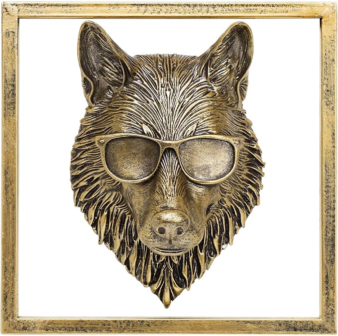 JJALIGHTS Animal Heads Wall Decor (Includes Metal Frame) Resin Animals Sculptures Head Wall Hanging Decoration Imitation Copper vintage Wall Sculpture for Living Room Bedroom Office (Wolf)