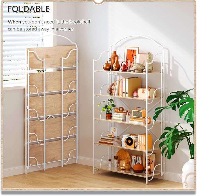4NM No Assembly Extra Wide Folding Bookshelf for Living Room, 5 Tiers Collapsible Book Shelves Open Industrial Foldable Bookcase Storage Shelf for Home Office - Cloud Oak