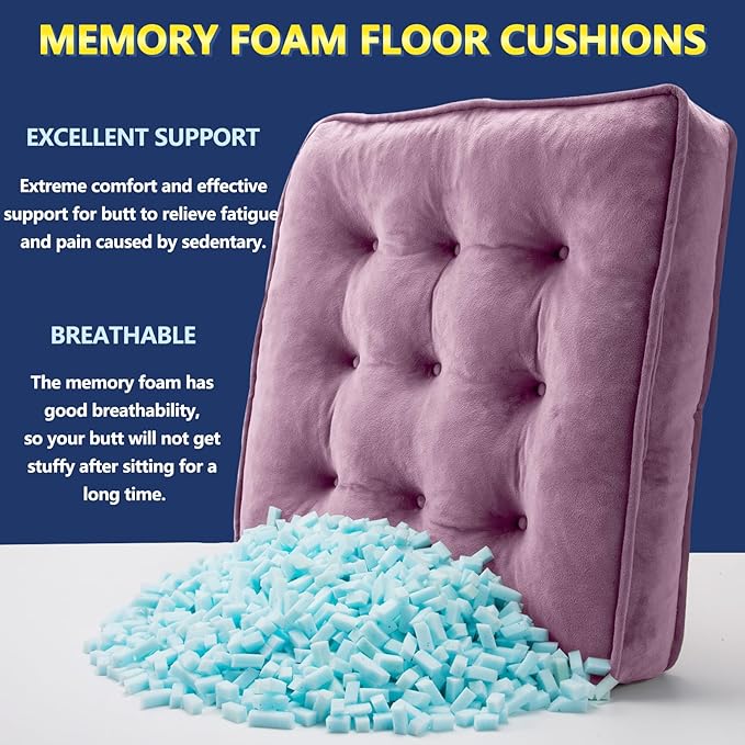 Floor Pillow Set of 4, Memory Foam Meditation Cushion, Floor Cushions for Adults Sitting, Large Square Seat Cushions for Yoga, Living Room, 20x20 Inch (Purple)