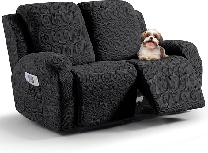 VANSOFY Recliner Loveseat Cover, 6-Pieces Stretch Dual Recliner Sofa Cover Soft Jacquard Reclining Couch Slipcover Furniture Protector with Elastic Bottom for Kid, Pets(2 Seat,Black)