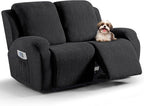 VANSOFY Recliner Loveseat Cover, 6-Pieces Stretch Dual Recliner Sofa Cover Soft Jacquard Reclining Couch Slipcover Furniture Protector with Elastic Bottom for Kid, Pets(2 Seat,Black)
