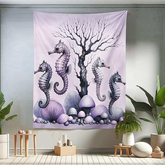 Ambesonne Purple Tapestry Twin Size, Dried Tree with Mushrooms in Lilac Color Palette and Huge Seahorse Prints, Wall Hanging Bedspread Bed Cover Wall Decor, 68" X 88", Mauve and Lavender