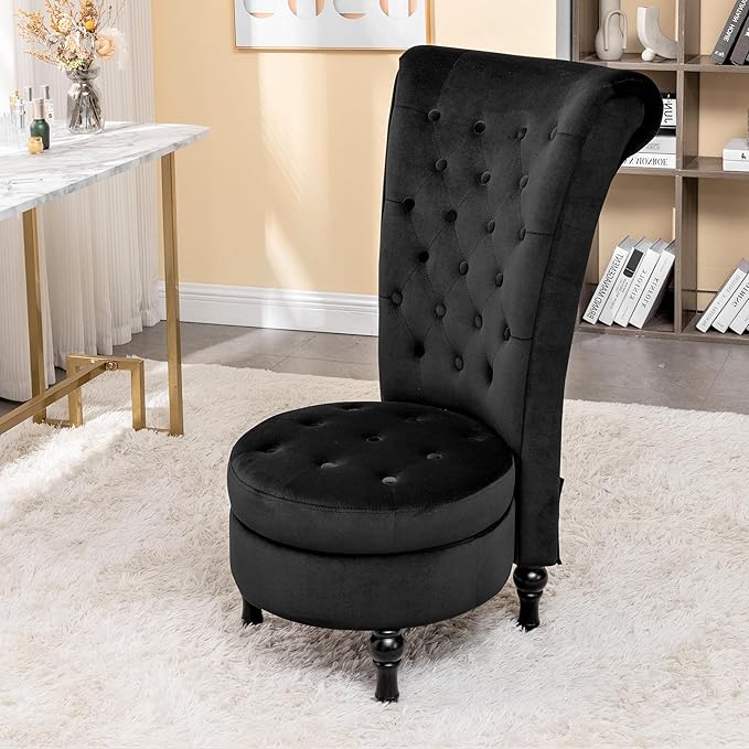 Royal High-Back Velvet Accent Chair for Vanity with Storage and Luxurious Upholstery, Retro Design and Versatile Usage for Living Room, Bedroom, Lounge and Office, Black