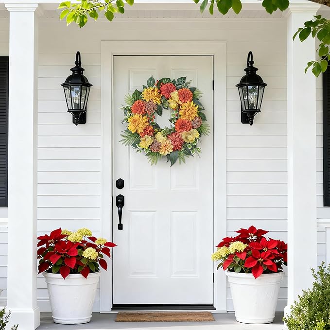 24-Inch Spring Wreath for Front Door with Hydrangeas Dahlias Daisy Silk Flowers and Berry Greenery for All Seasons Indoor Outdoor Wedding Farmhouse Porch Wall Living Room Home Wedding Decor