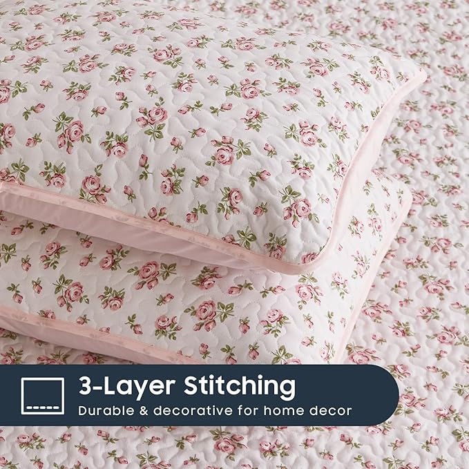 Wake In Cloud - Floral Quilt Set, Coquette Cottagecore Shabby Chic Flower Pattern for Women Teen Girls, Reversible Lightweight Bedspread Coverlet, 3 Pieces, Pink, King Size