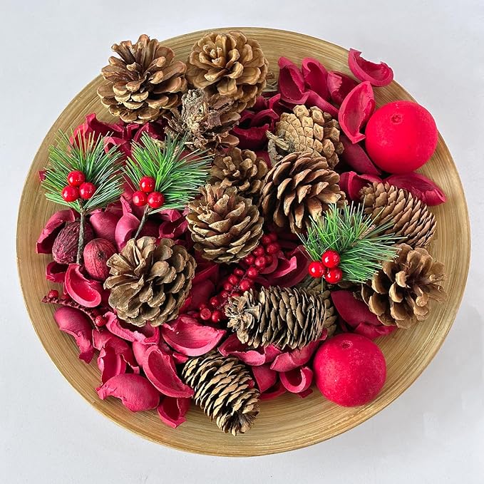 Christmas Potpourri Bag, Apple/Cinnamon Scented Potpourri Bowl Filler,Winter Xmas Red Decorative Dried Flower, Bulk Holiday Bathroom Vase Decor(20 oz)