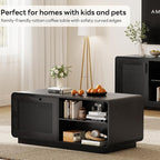 LIKIMIO 39.4" Rattan Coffee Table with Storage Drawers, Safety Curved Corners & 4-Tier Adjustable Shelves, Sturdy Base, Wood Center Table for Living Room, Black