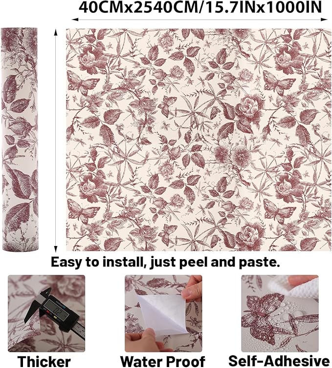 Drawers Liner Contact Paper for Dresser Peel and Stick Wallpaper Sketched Design 15.7x1000in Self Adhesive Removable Red Maroon Rose Floral Butterfly Vintage Cabinet Shelf Renter Friendly