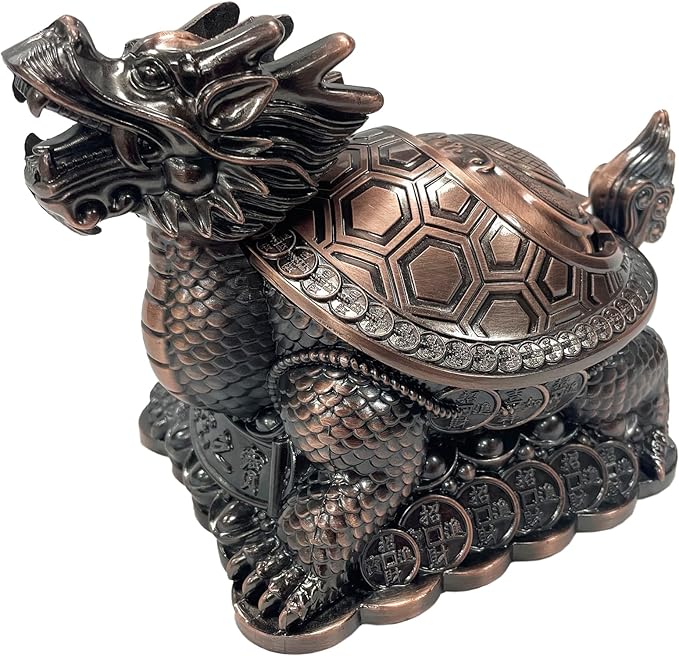 Feng Shui Dragon Turtle Multi Functional Metal Statue Wealth Prosperity Sculpture with Set of 5 Lucky Charm Ancient Coins on Red String Best Housewarming Congratulatory Gift Home Decor (D1 Bronze)
