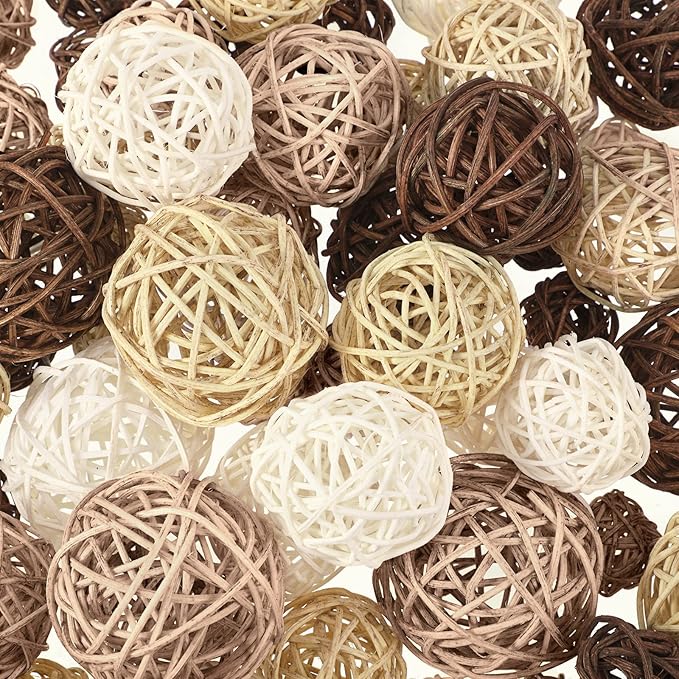 Patelai 72 Pcs Wicker Rattan Balls Decorative Balls for Vase Centerpiece Bowls Orbs Filler for Spring Summer Craft Home Decor, 4 Sizes(White, Wood, Camel, Coffee)