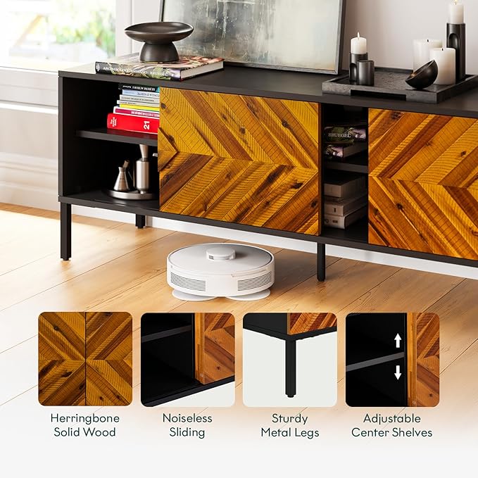 Bme Vivian TV Stand, 59 Inch Media Console Table with Herringbone Pattern Doors, Solid Wood & Metal Frame, Rustic Golden Brown – Retro-Inspired Modern TV Console for Living Room, Entertainment Center