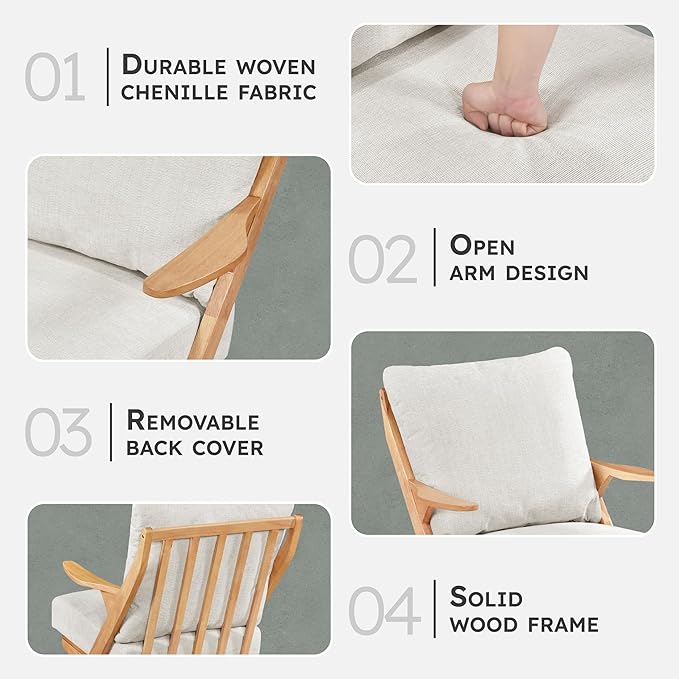 Lexicon Mid Century Modern Accent Chair, Natural Finish Solid Rubberwood Frame, Reversible Back Cushion, Woven Chenille Upholstered Reading Chair, for Living Room/Bedroom/Office, Beige