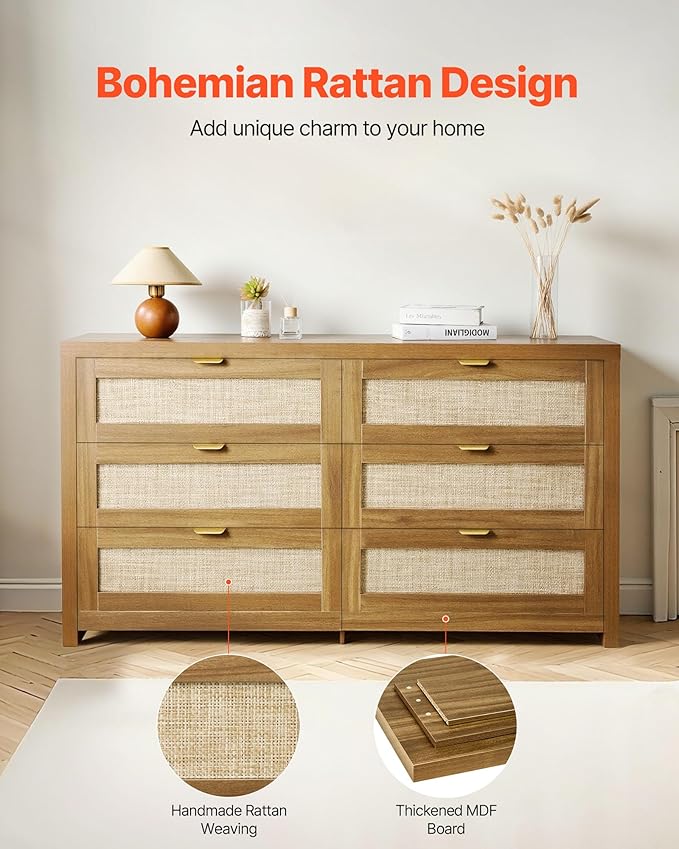 VEVOR Large Boho Dresser for Bedroom, 57" Wide Rattan Dresser 6 Drawer with Ample Storage, Modern Wood Chest of Drawers Closet TV Stand Dressers for Living Room, Walnut Oak