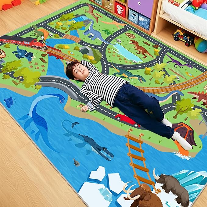 Kids Rugs for Playroom - Soft & Non-Slip 9x12 Feet Dinosaur Play Mat,Childrens Dinosaurs Carpet Washable Rug for Classroom Nursery Bedroom Boys