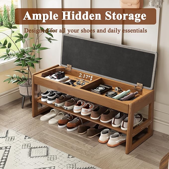 Shoe Rack Bench with Cotton-Linen Cushion 2-Tier Wooden Storage Bench 550lbs Compact Simple & Modern Design for Entryway, Hallway, Bedroom, Living Room, Closet, Front Door Entrance, Foyer