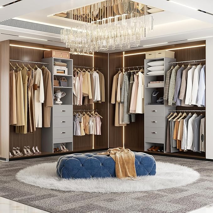 96'' Closet Organizer System with 3 Hanging Rods, 8FT Closet Organizers and Storage with 3 Wooden Drawers, Built in Closet Organizer Systems, Adjustable Walk-in Wardrobe from 5-8FT, Grey