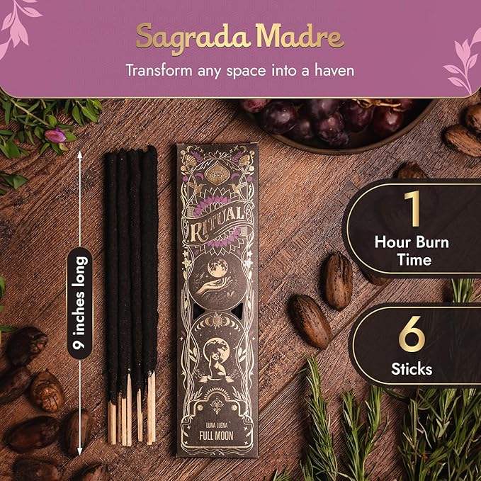 Ritual - Full Moon Incense Sticks, Expresses Your Intentions and Desires, 6 Sticks, 9 Inches Each, Natural Incense with Aromatic Concentrated Oil, Charcoal, Natural Binder & Salt - 1 Hour Burn Time
