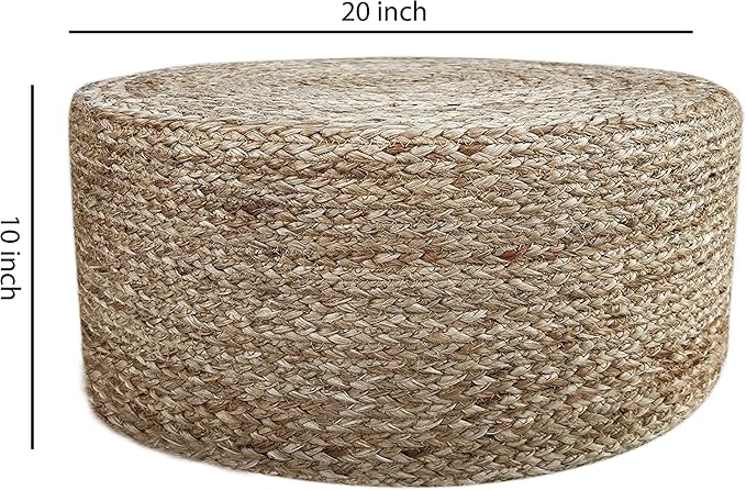 Jute Pouf Ottoman | Footrest Pouf | Hand Braided - Round Boho Pouffe - for Living Room, Bedroom, Nursery (20"x20"x10") Natural