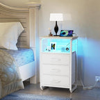 Bed Side Table with 3 Fabric Drawers, White Night Stand, LED Nightstand with Hooks, Bedside Table with Charging Station, End Table with Storage, Night Table for Living Room, Bedroom, Dorm