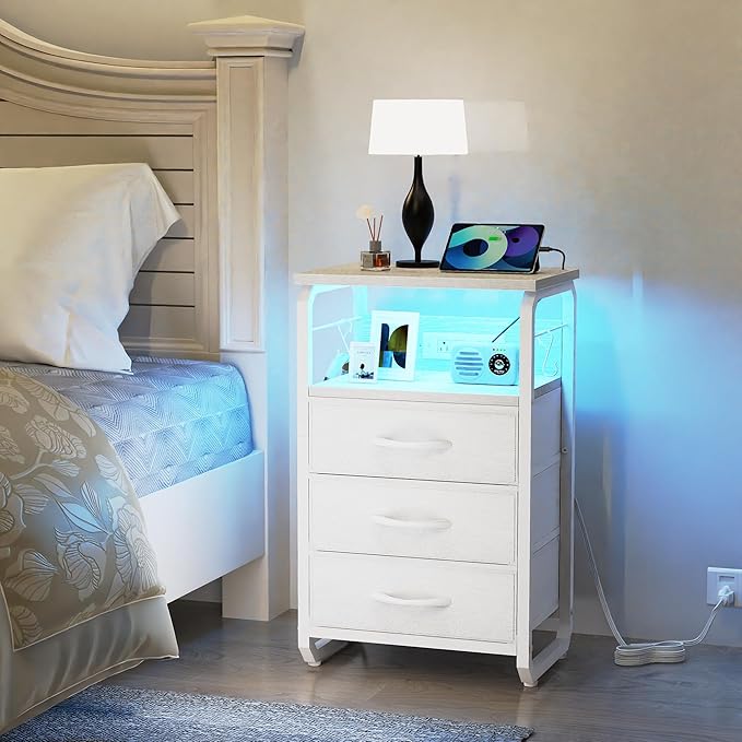 Bed Side Table with 3 Fabric Drawers, White Night Stand, LED Nightstand with Hooks, Bedside Table with Charging Station, End Table with Storage, Night Table for Living Room, Bedroom, Dorm
