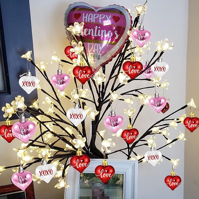 Valentines Tree Decorations, 24 Pcs Heart Ornaments for Christmas Tree, Mini Day Small Conversation Ornaments, Red Pink White Plastic