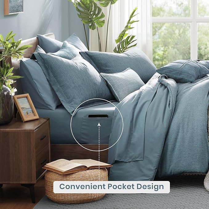 Monbix Full Size Comforter Set-7 Pieces Dusty Blue Cationic Dyeing Bed in a Bag Full Bedding Sets with Comforter, Sheets, Pillowcases & Shams, All Season Reversible Bedding Comforters