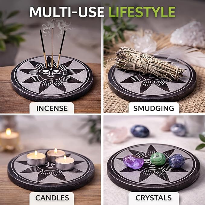 Marble Black Soapstone Incense Stick Holder | Handmade Round Incense Burner with Sun Carving | Decorative Ash Catcher for Home, Office, Meditation & Puja Décor