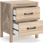 Signature Design by Ashley Battelle Mid-Century Modern Nightstand with Chevron Pattern, 2 Storage Drawers, Dark-Color Hardware, Wood, 24.5" High, Light Brown