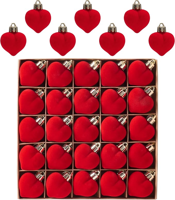 Valery Madelyn 1.57 Inches Valentines Day Heart Tree Decorations for Christmas Ornaments Set, 25ct Velvet Red Shatterproof Valentines Ball Hanging Party Wedding Anniversary Decor