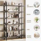 Bookshelf Set, Heavy Duty 6-Tier Industrial Bookcase, 47" Wide Wood Bookshelf for Home Office, 120lbs Shelf Capacity, Rustic Open Display with Horizontal Shelf for Living Room Bedroom, Grey
