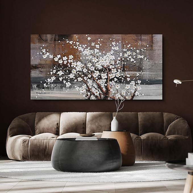 KLAKLA Wall Art for Living Room Large Modern Wall Decor Canvas Paintings for Wall Decorations White Flower on Brown Background Bedroom Office Artwork Plum Blossom Art Prints Framed 20x40