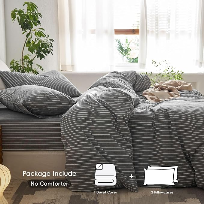 MooMee Striped Duvet Cover Set 100% Washed Cotton Linen Like Textured Breathable Durable Soft Comfy (Dark Grey White Wide Stripes, Oversized King Plus 128"x120")