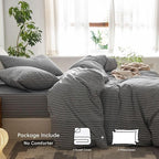 MooMee Striped Duvet Cover Set 100% Washed Cotton Linen Like Textured Breathable Durable Soft Comfy (Dark Grey White Wide Stripes, Alaska King 132"x120")
