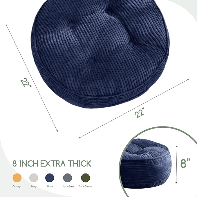 8" Washable Floor Pillow Cushion for Adults, Meditation Cushion Pillow, Large Round Floor Sitting, Removable Tufted Corduroy Cover, for Tatami Living Room or Yoga, 22x22 Inch, 2Pack, Machine Washable