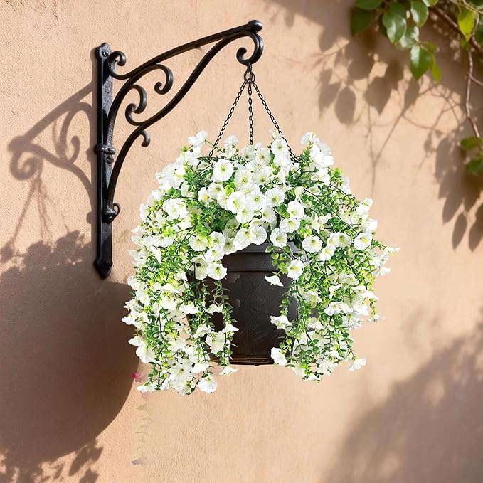 Artificial Hanging Flowers for Outdoors, 4 PCS UV Resistant Faux Plants Silk Realistic 150 Morning Glory Each Vines, Fake Plastic Floral for Garden Patio Spring Summer Decor, White