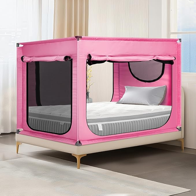 Bed Canopy Portable Blackout Bed Tent Privacy Tent for Adult Indoor Sleeping with 3 Doors, Storage Bag