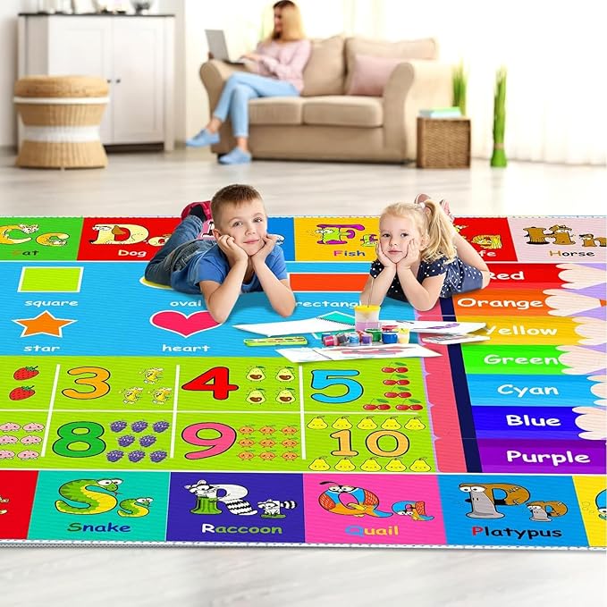 Kids Alphabet Play Game Rug - 8'x10' ABC Numbers and Shapes Educational Learning Toddler Carpet - Kids Room Playroom Classroom Kindergarten Activity Fun Soft Non-Slip Mat