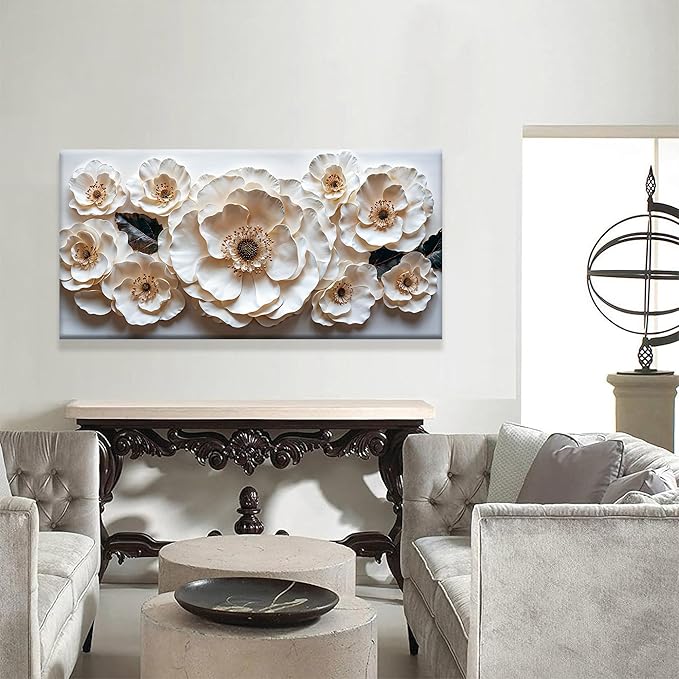 Floral Wall Art For Living Room Modern White Wall Decor Prints Artwork Canvas Art Wall Decor Painting White Flower Wall Art Picture For Bedroom Apartment Home Artwork 24 X 48 Inch