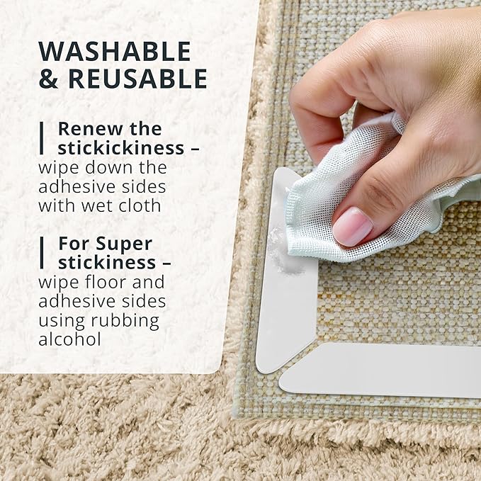 X-Protector Rug Tape - 8 Pcs Set - White Anti-Slip & Anti-Curling Carpet Tape for Hard Floors - Premium Rug Pad Gripper - Carpet Corner Grippers to Keep Your Carpet in Place & Make Corners Flat